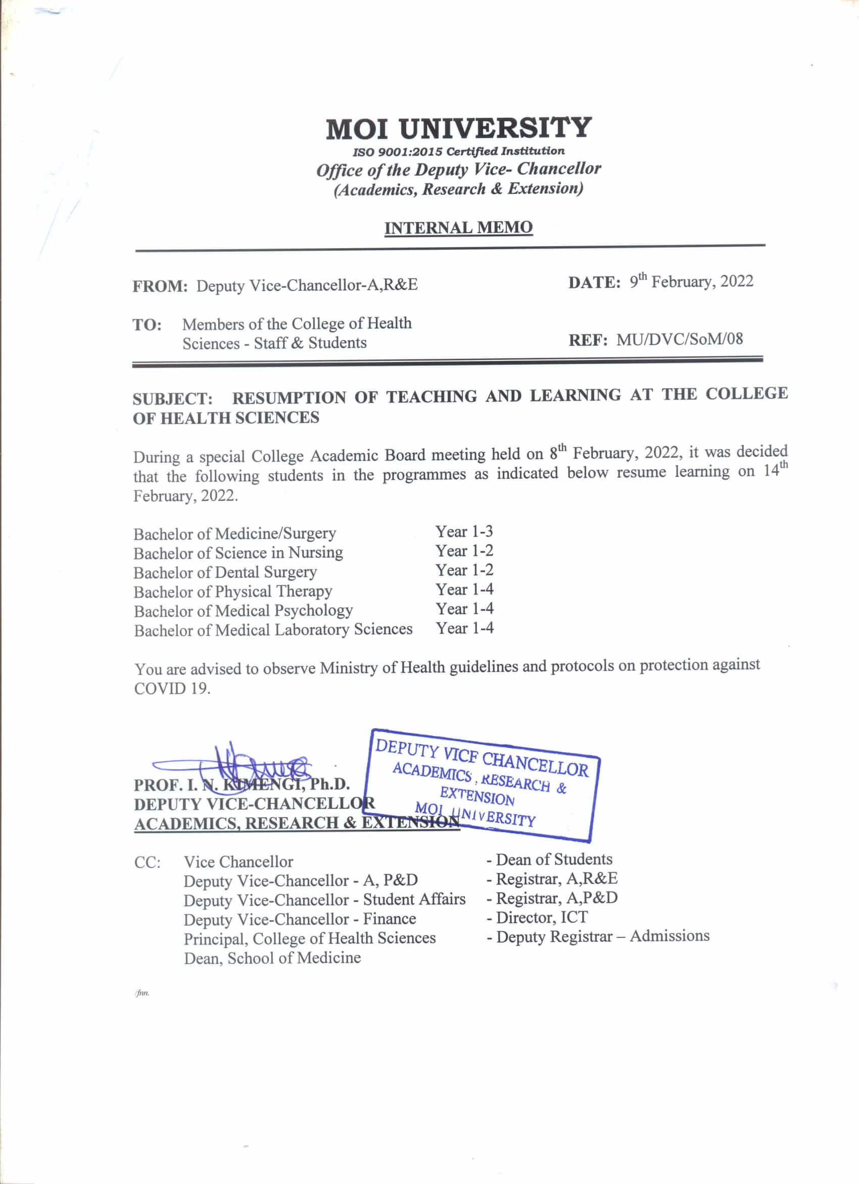 RESUMPTION OF TEACHING AND LEARNING AT CHS