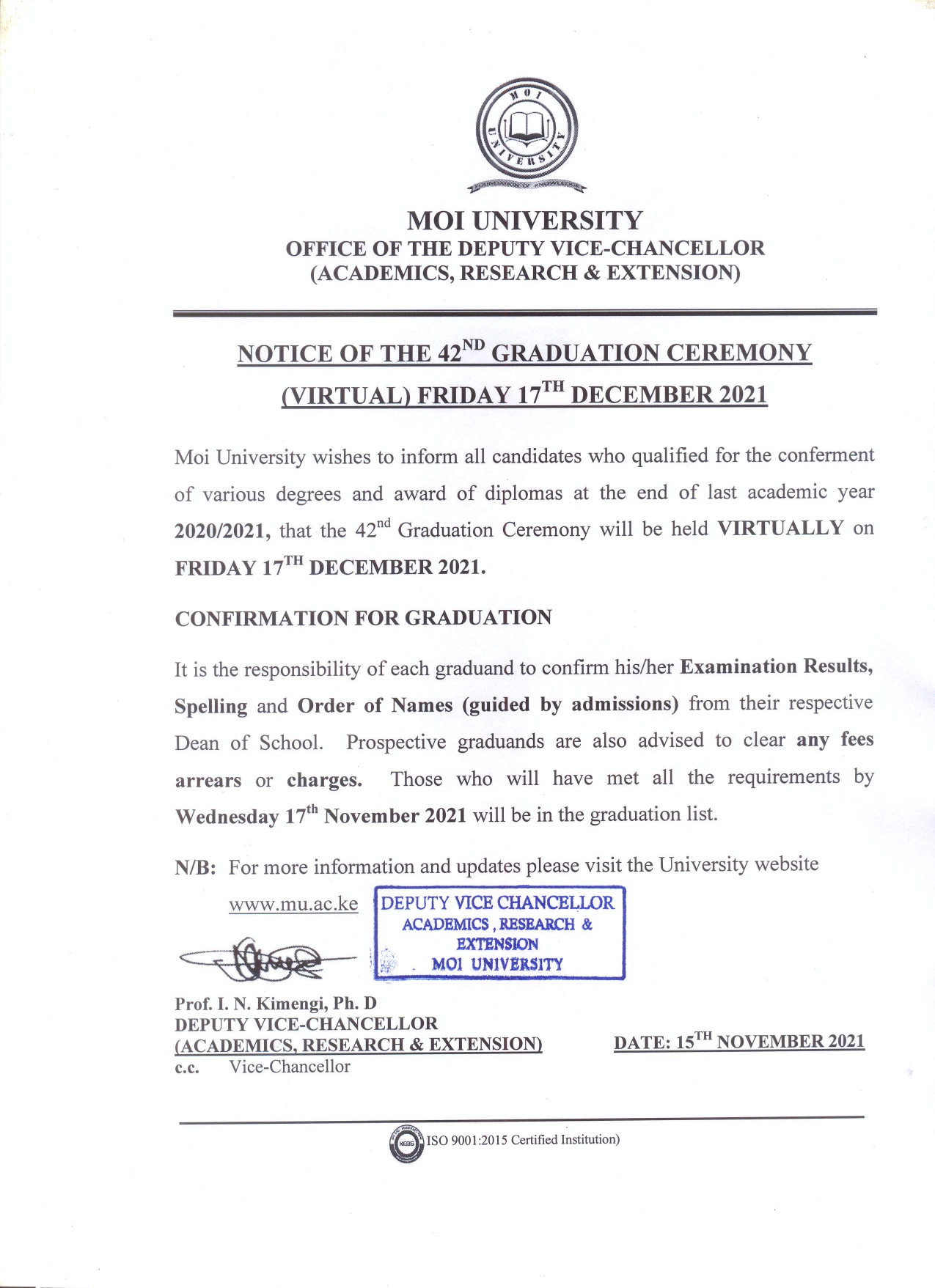 NOTICE OF THE 42ND GRADUATION CEREMONY